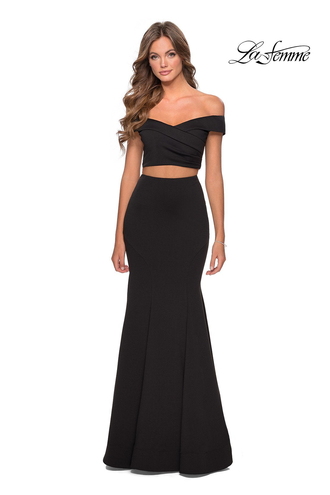La Femme 28521 dress images in these colors: Black, Emerald, Navy.