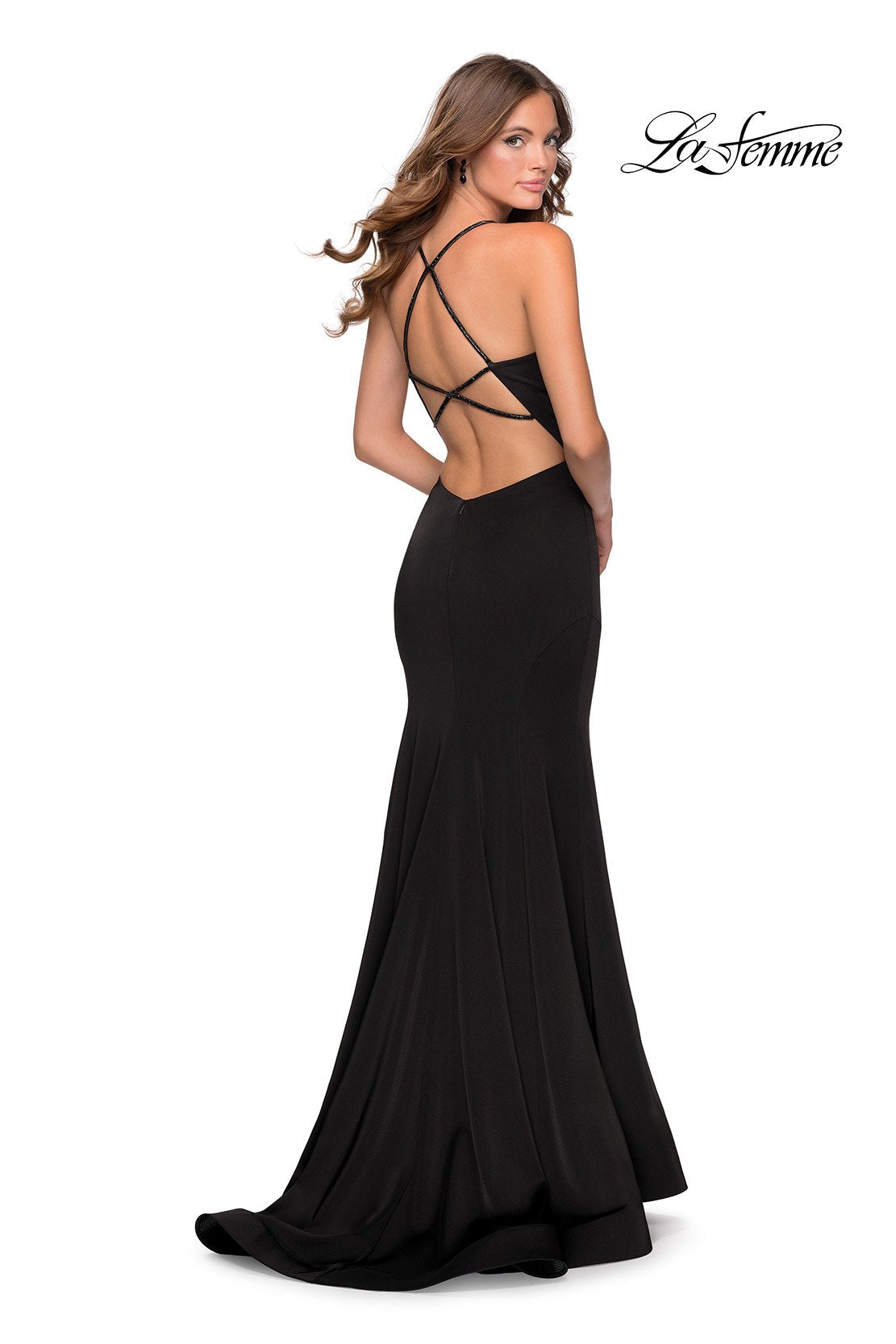 La Femme 28526 dress images in these colors: Black, Deep Red, Electric Blue, Peach.