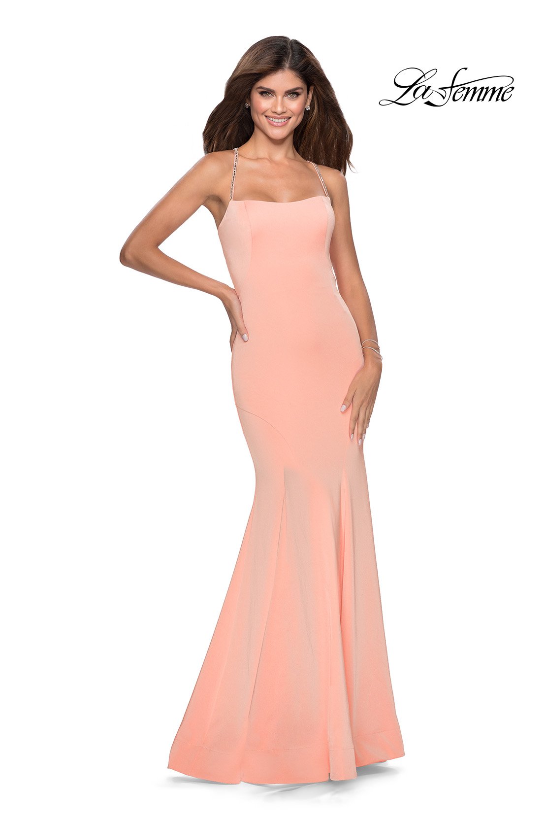 La Femme 28526 dress images in these colors: Black, Deep Red, Electric Blue, Peach.