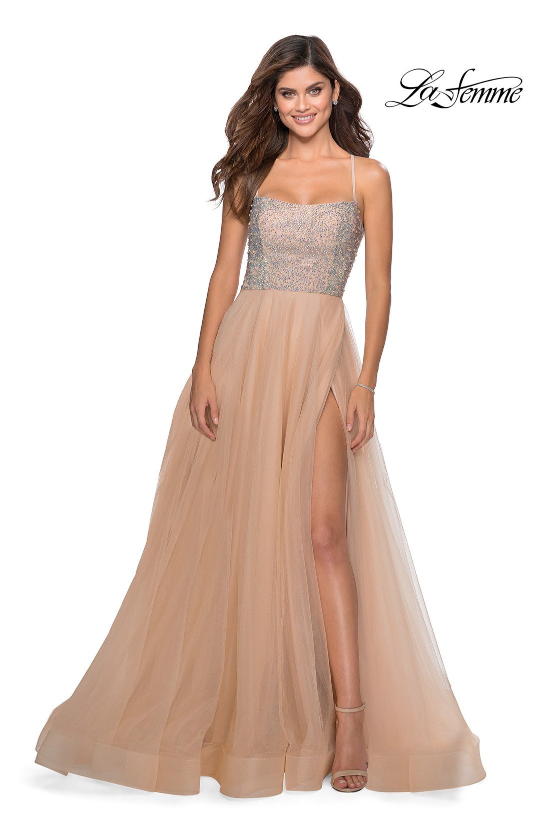 La Femme 28530 dress images in these colors: Mauve, Nude, Pale Yellow, Silver.