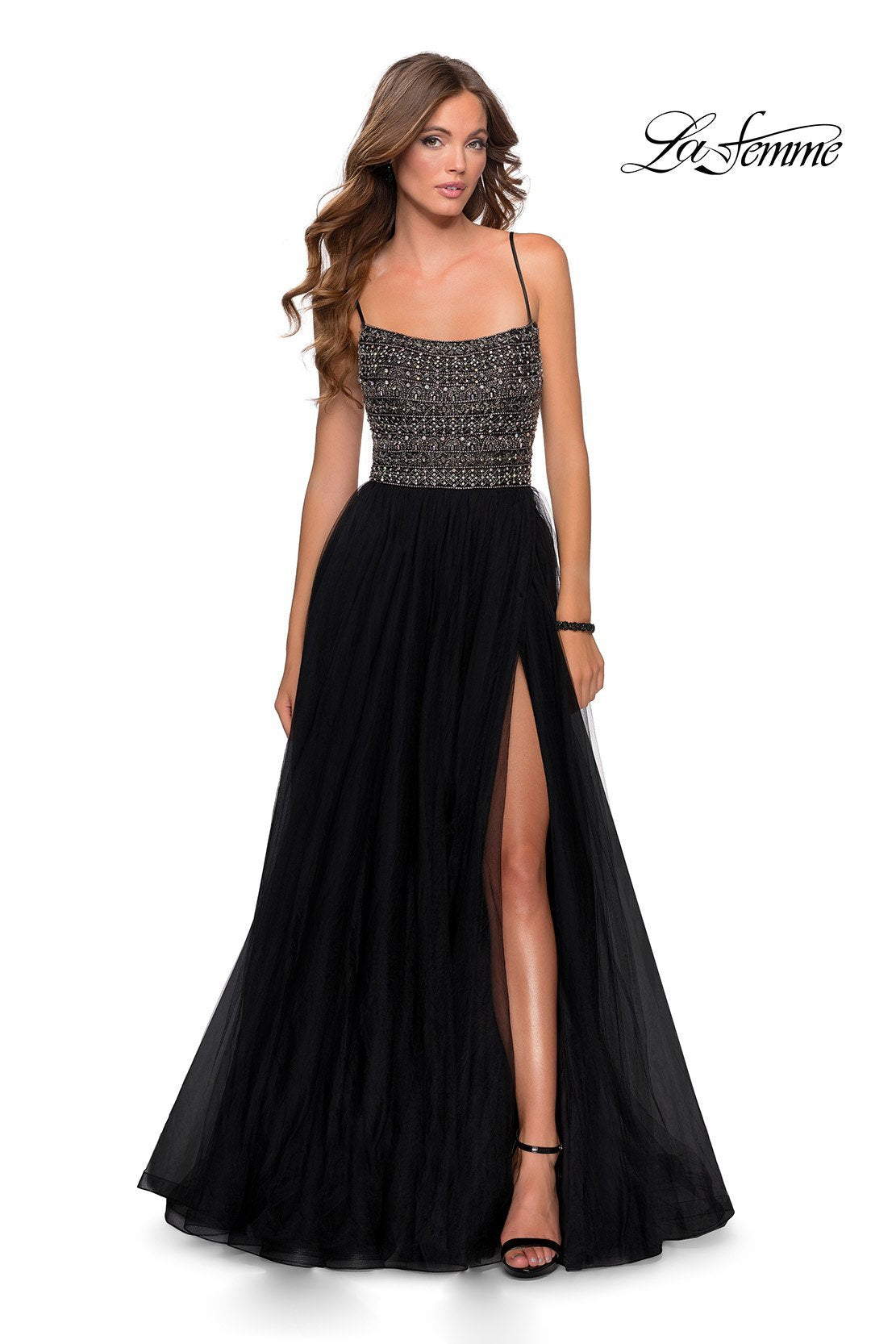 La Femme 28535 dress images in these colors: Black, Mauve, Silver.