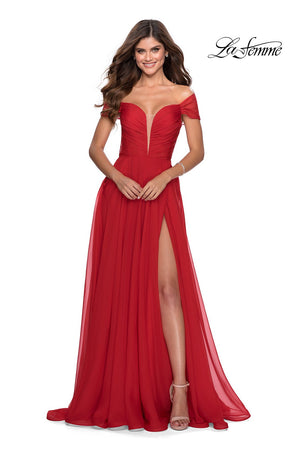 La Femme 28546 dress images in these colors: Red, Royal Blue, Yellow.