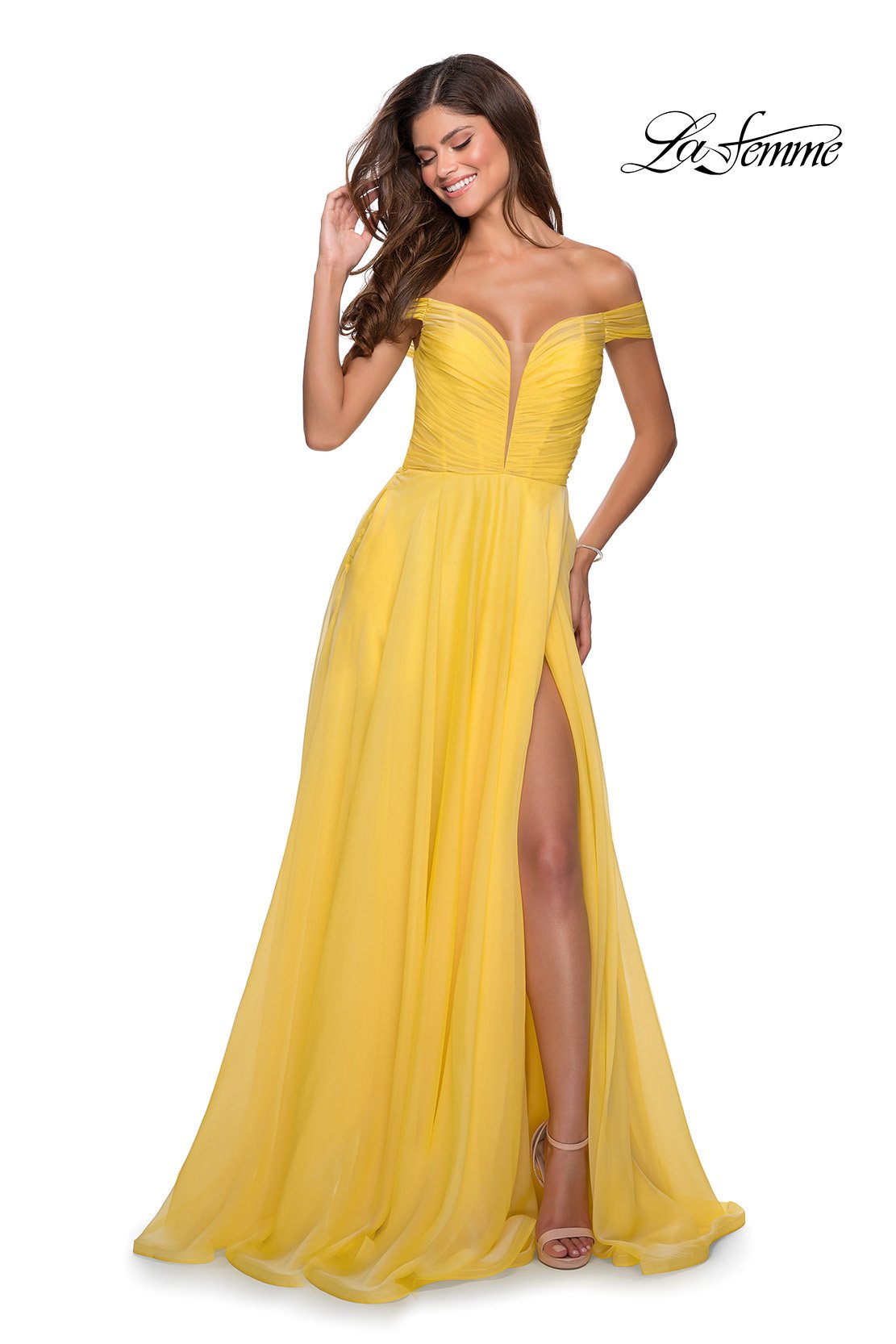 La Femme 28546 dress images in these colors: Red, Royal Blue, Yellow.