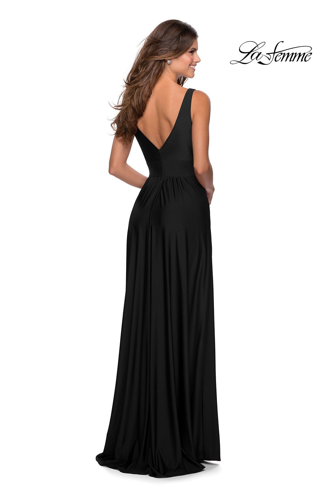 La Femme 28547 dress images in these colors: Black, Dark Berry, Mauve, Nude, Silver.