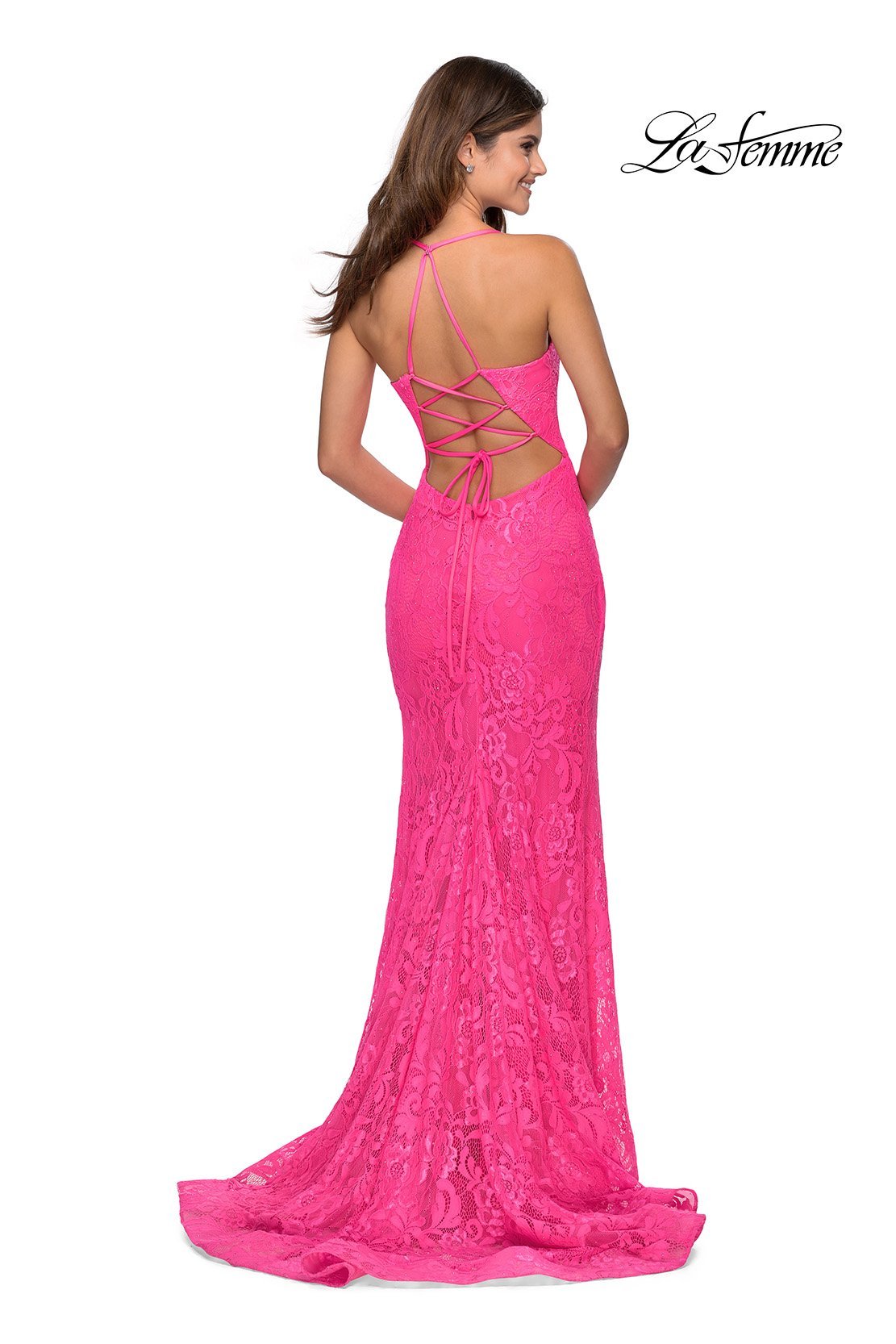 La Femme 28548 dress images in these colors: Emerald, Neon Pink, Pale Yellow, Red, Royal Blue.