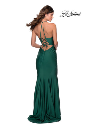 La Femme 28552 dress images in these colors: Black, Burgundy, Emerald.