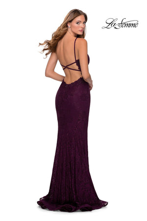 La Femme 28556 dress images in these colors: Dark Berry, Navy, Pale Yellow.