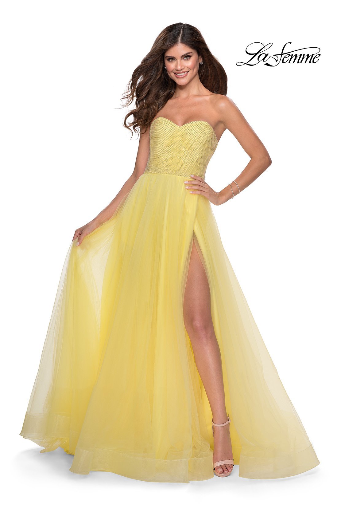 La Femme 28559 dress images in these colors: Light Blue, Lilac Mist, Peach, Yellow.