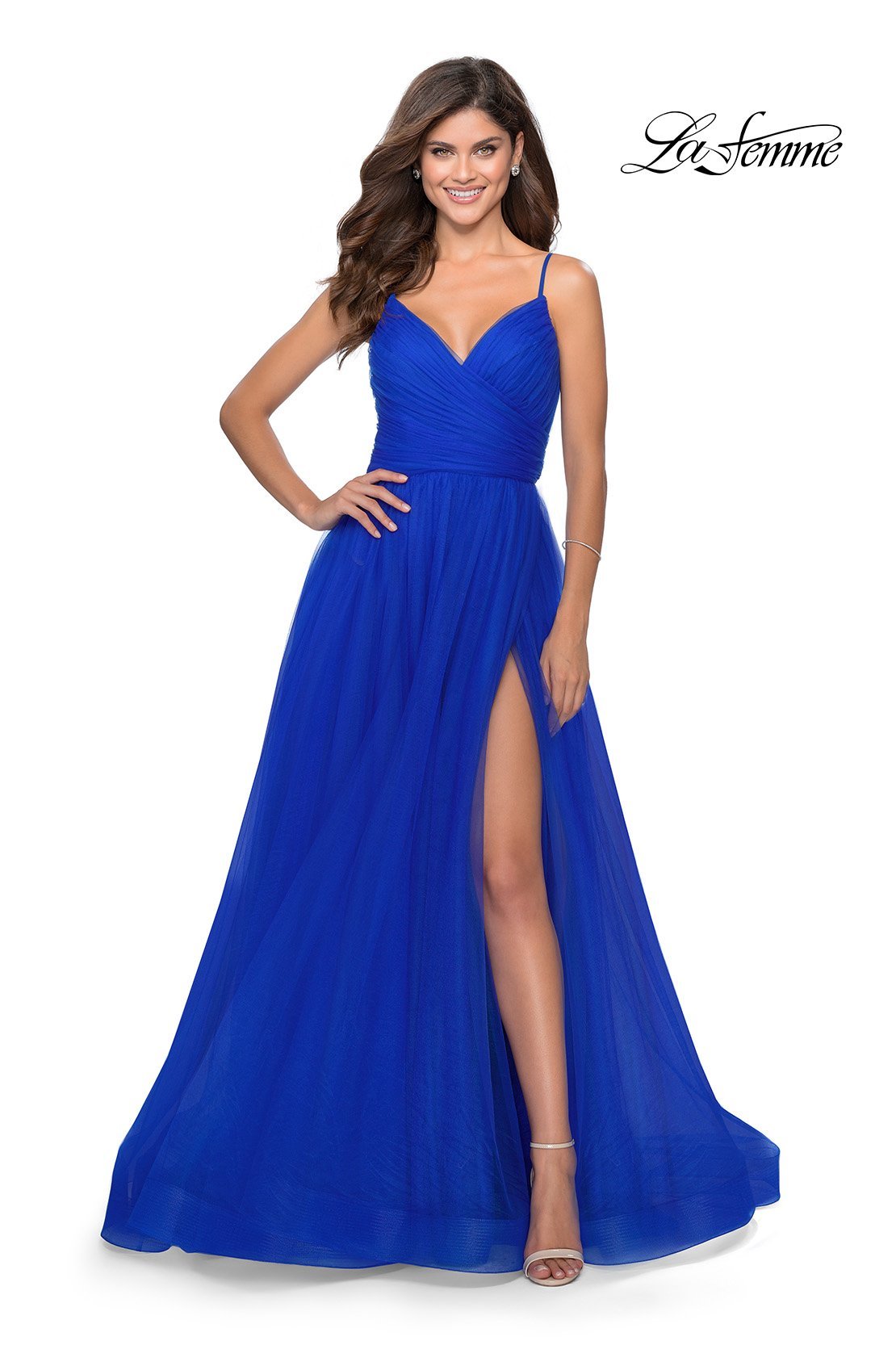 La Femme 28561 dress images in these colors: Neon Pink, Royal Blue, Yellow.