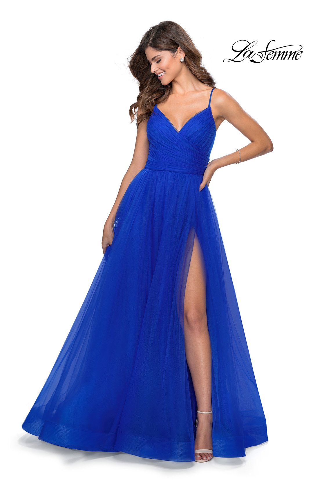 La Femme 28561 dress images in these colors: Neon Pink, Royal Blue, Yellow.