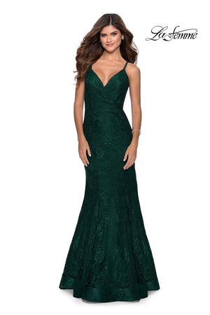 La Femme 28564 dress images in these colors: Dark Berry, Emerald, Red, Royal Blue.