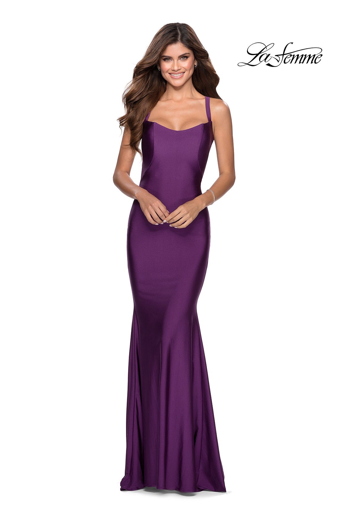 La Femme 28568 dress images in these colors: Black, Burgundy, Emerald, Royal Blue, Royal Purple.