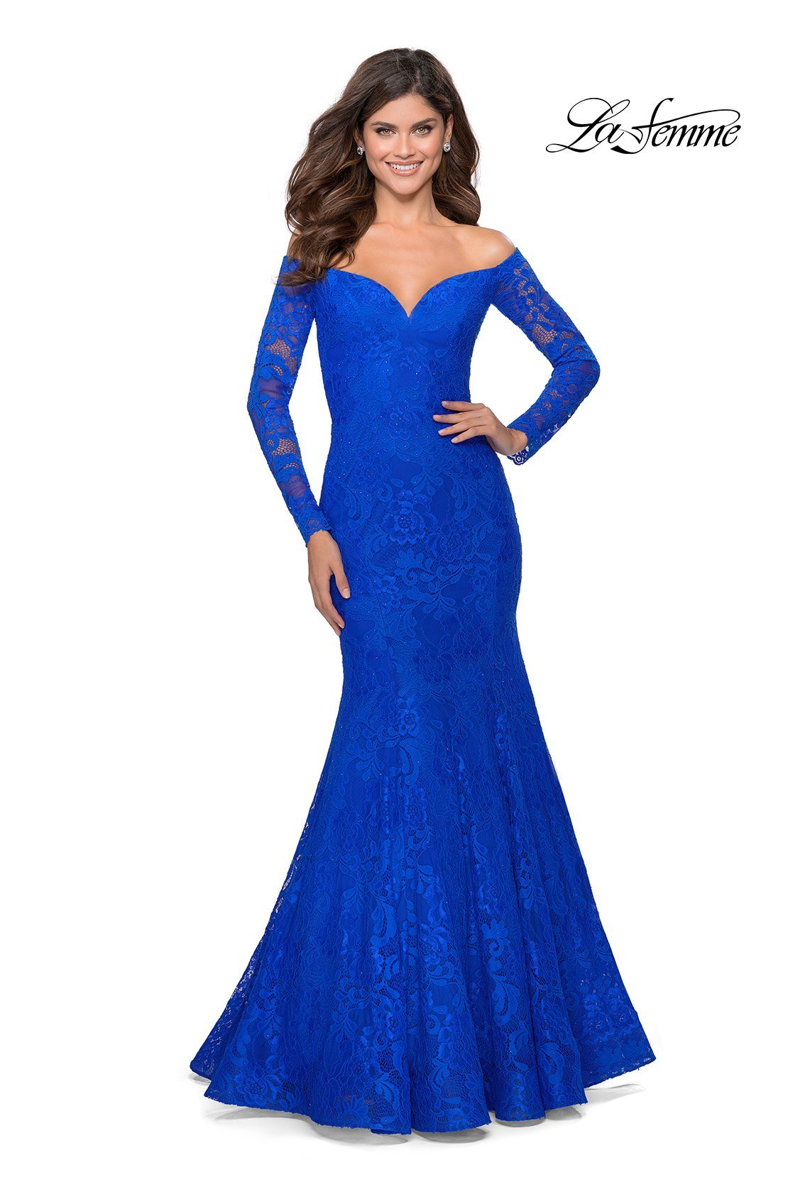 La Femme 28569 dress images in these colors: Black, Red, Royal Blue, White Nude.