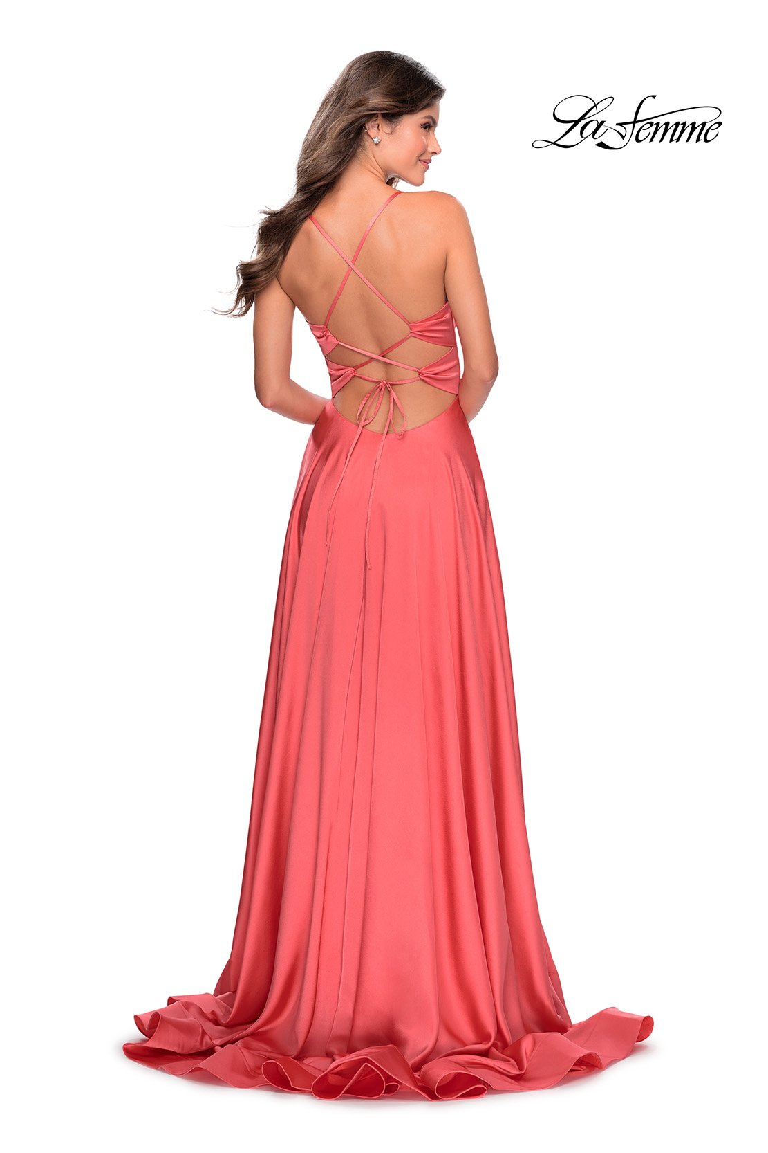 La Femme 28571 dress images in these colors: Coral, Royal Blue, Teal, Wine, Yellow.