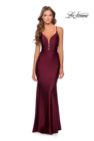 La Femme 28574 dress images in these colors: Dark Berry, Light Periwinkle, Red, Royal Blue, Royal Purple.