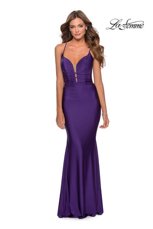 La Femme 28574 dress images in these colors: Dark Berry, Light Periwinkle, Red, Royal Blue, Royal Purple.