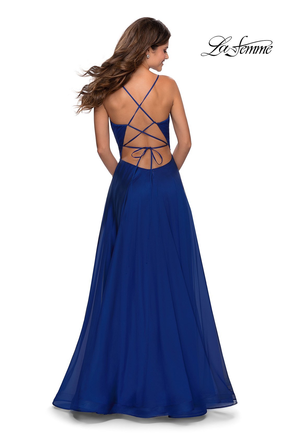 La Femme 28575 dress images in these colors: Emerald, Marine Blue, Wine.