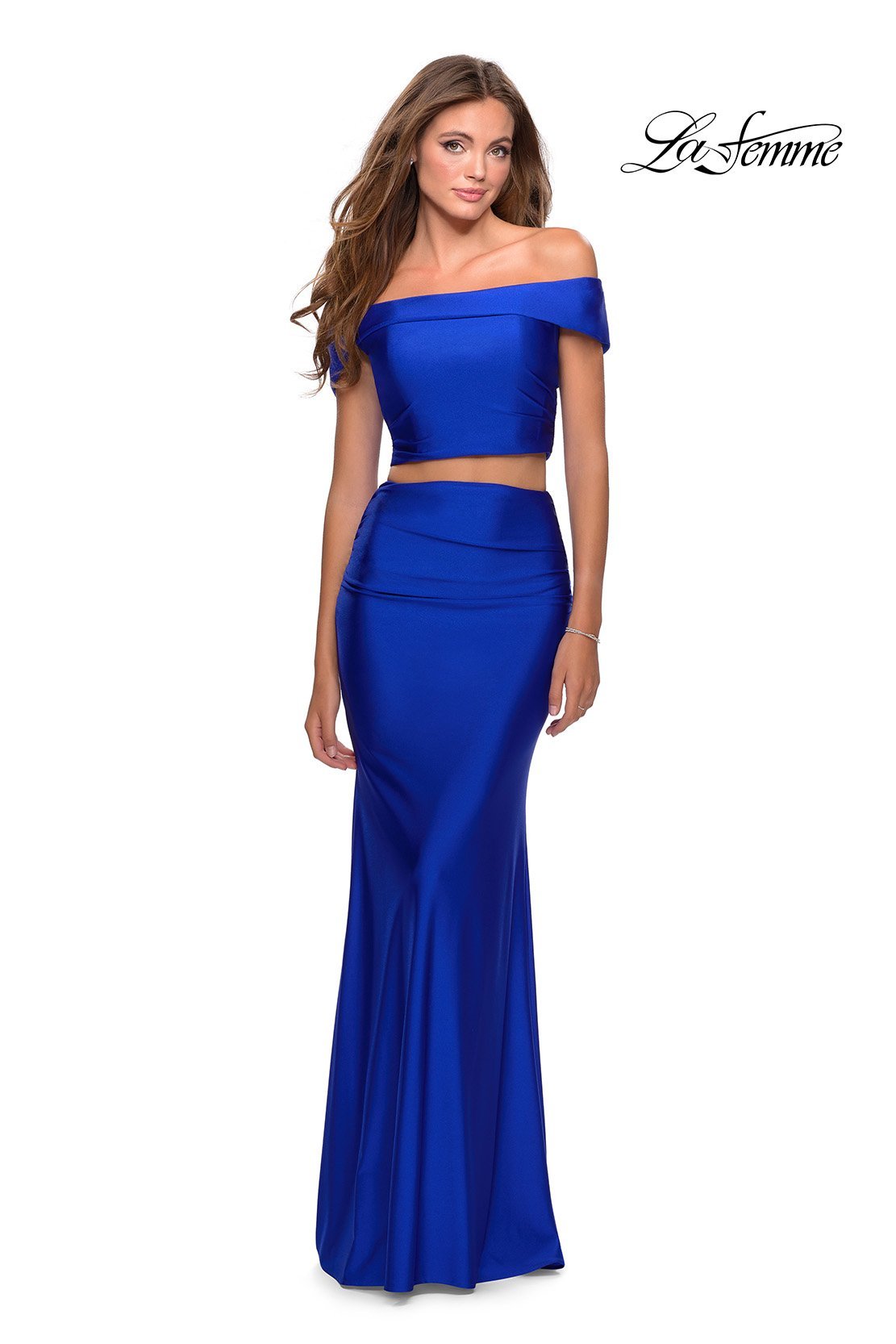 La Femme 28578 dress images in these colors: Red, Royal Blue, Royal Purple.