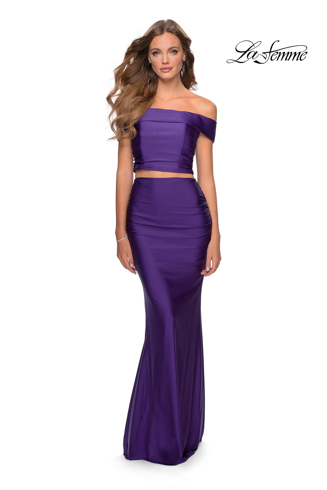 La Femme 28578 dress images in these colors: Red, Royal Blue, Royal Purple.