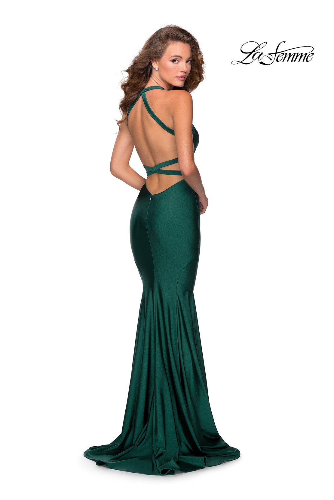 La Femme 28579 dress images in these colors: Emerald, Navy, Royal Purple.