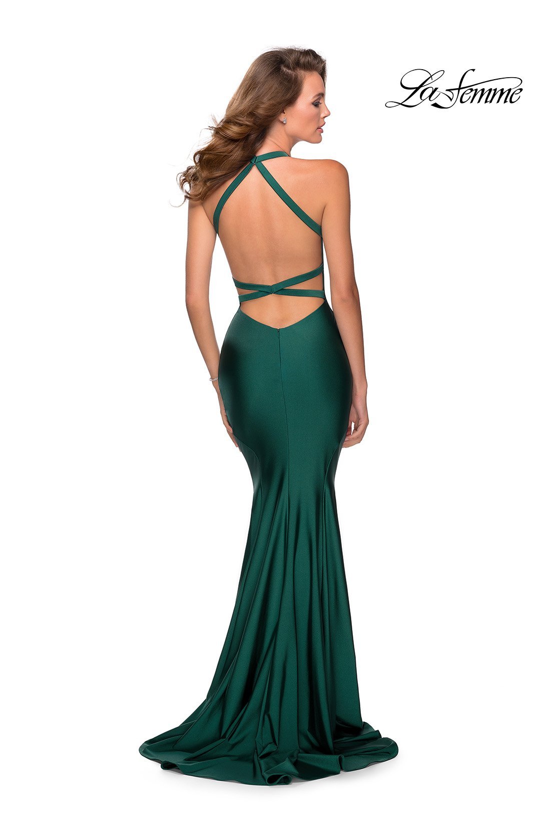 La Femme 28579 dress images in these colors: Emerald, Navy, Royal Purple.