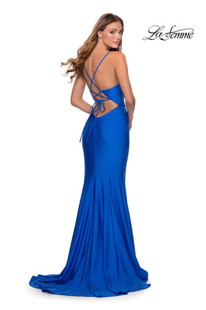 La Femme 28581 dress images in these colors: Burgundy, Royal Blue.