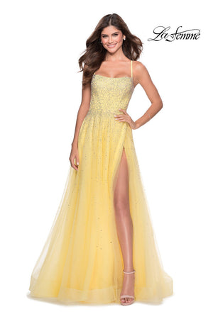 La Femme 28583 dress images in these colors: Lilac Mist, Mint, Pale Yellow.