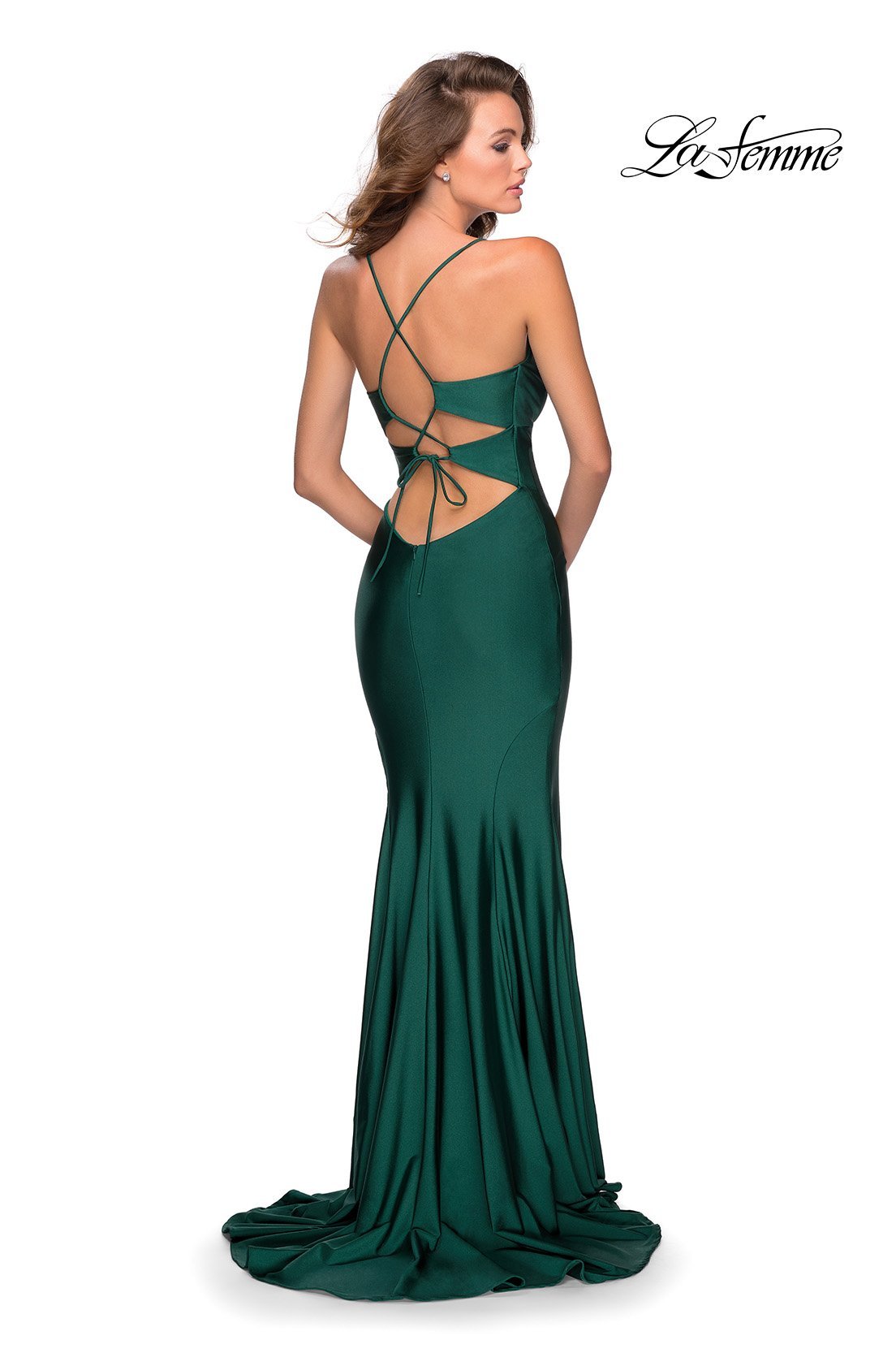la femme emerald green dress V-Back Long Formal Dress with Short Cap Sleeves Black / 14
