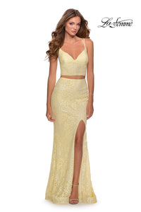 La Femme 28590 dress images in these colors: Pale Yellow, Periwinkle, Red.