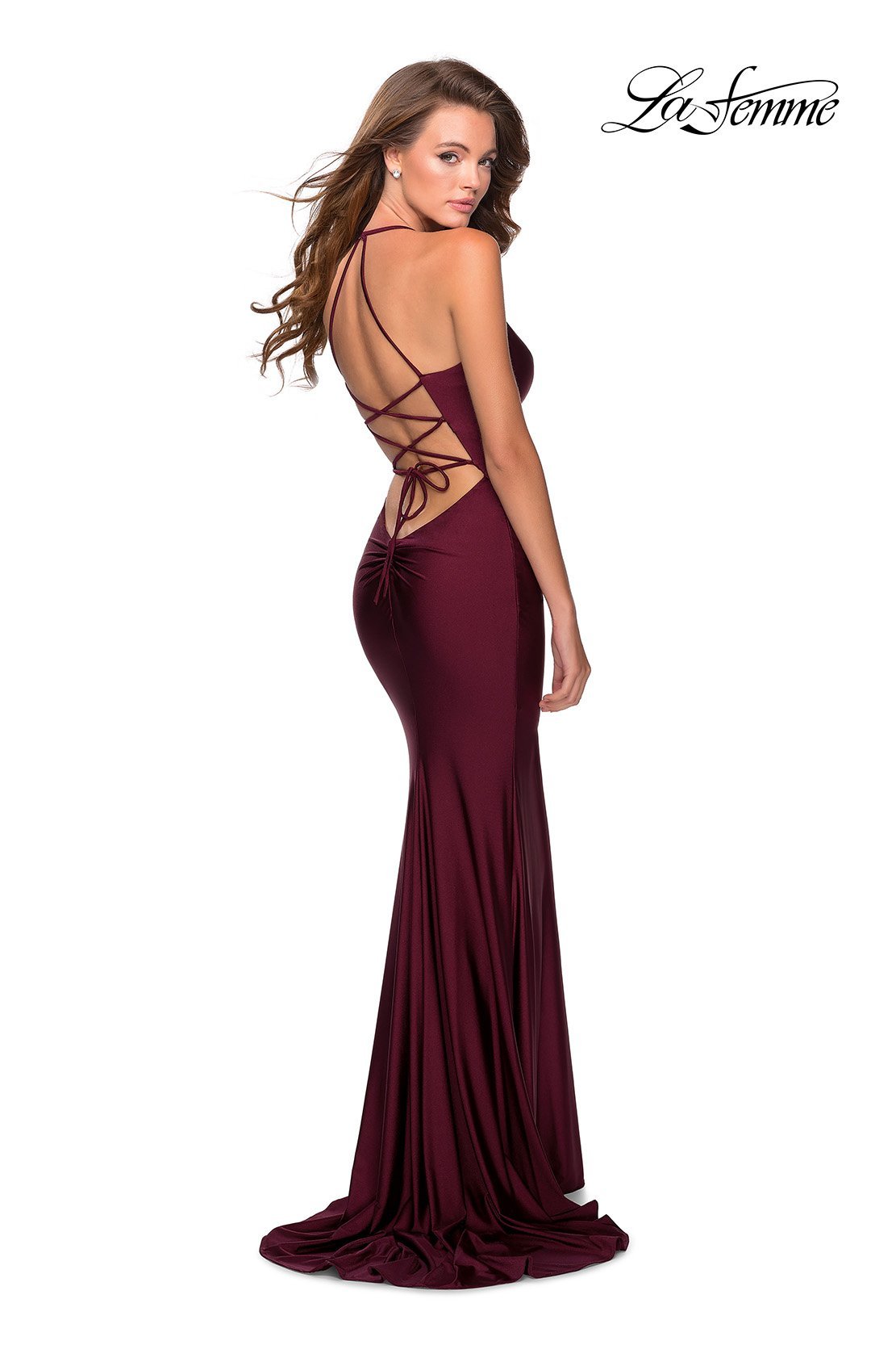 La Femme 28593 dress images in these colors: Dark Berry, Royal Blue, Yellow.
