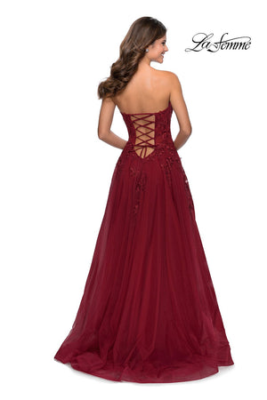 La Femme 28599 dress images in these colors: Lilac Mist, Navy, Nude, Wine.
