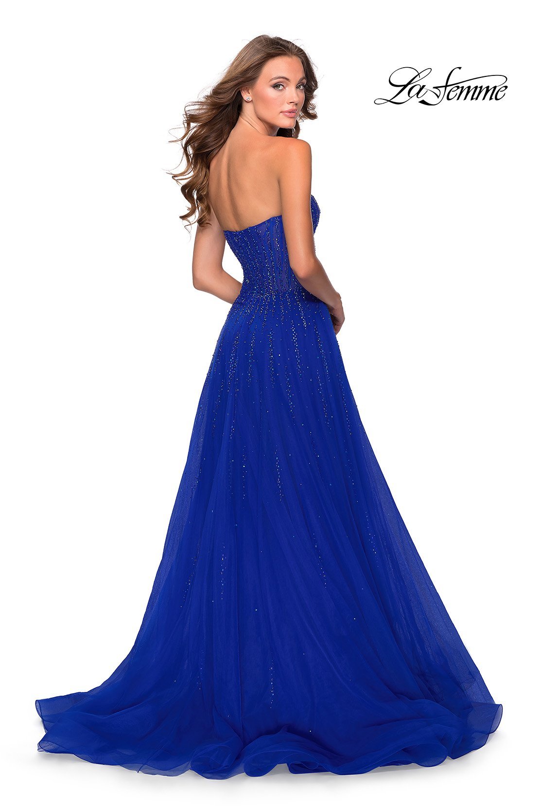 La Femme 28603 dress images in these colors: Dark Berry, Dusty Lilac, Royal Blue.