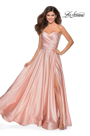 La Femme 28608 dress images in these colors: Blush, Emerald, Navy, Pale Yellow, Peach, Silver, White, Wine.
