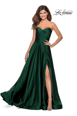 La Femme 28608 dress images in these colors: Blush, Emerald, Navy, Pale Yellow, Peach, Silver, White, Wine.