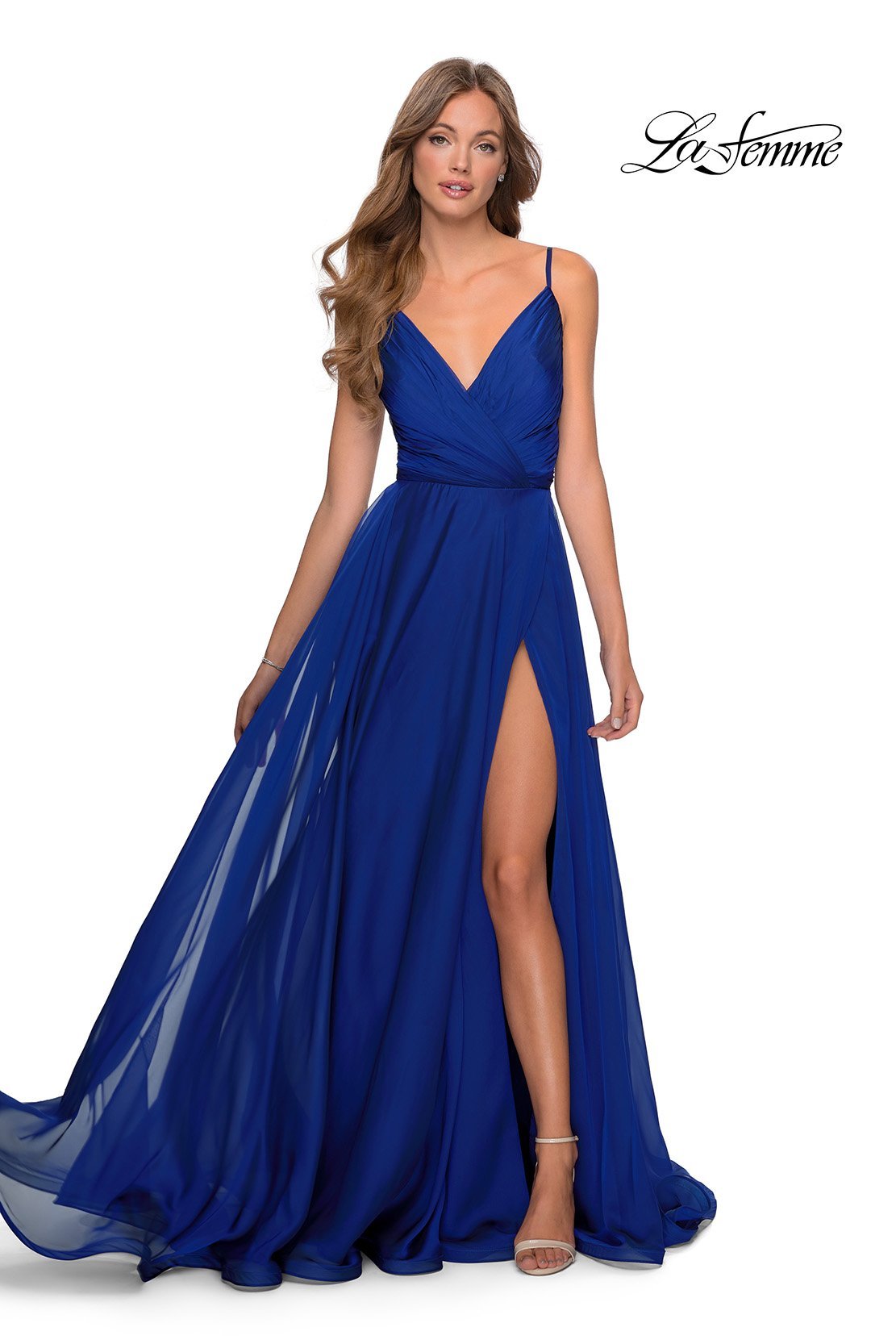 La Femme 28611 dress images in these colors: Cloud Blue, Garnet, Marine Blue, Mauve.