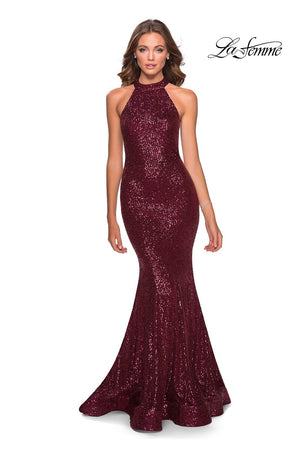La Femme 28612 dress images in these colors: Burgundy, Champagne, Emerald, Mint, Navy.