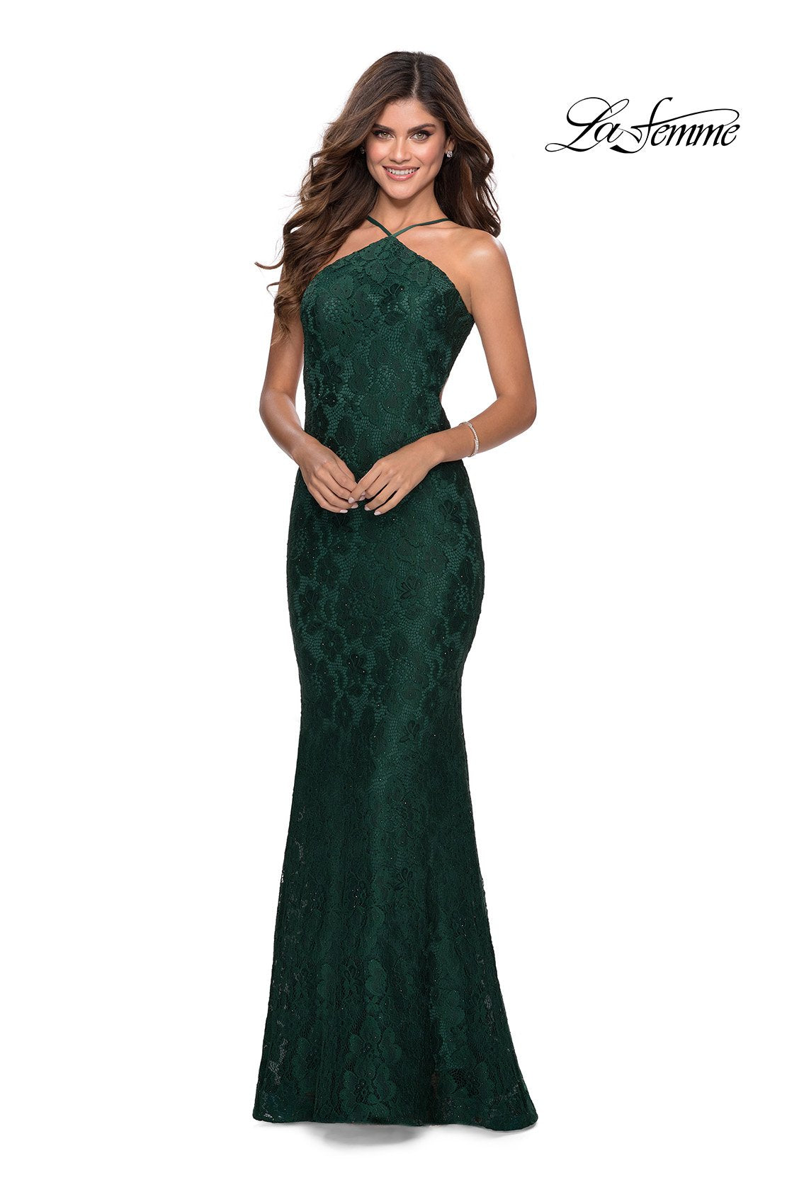 La Femme 28619 dress images in these colors: Emerald, Navy, Red.