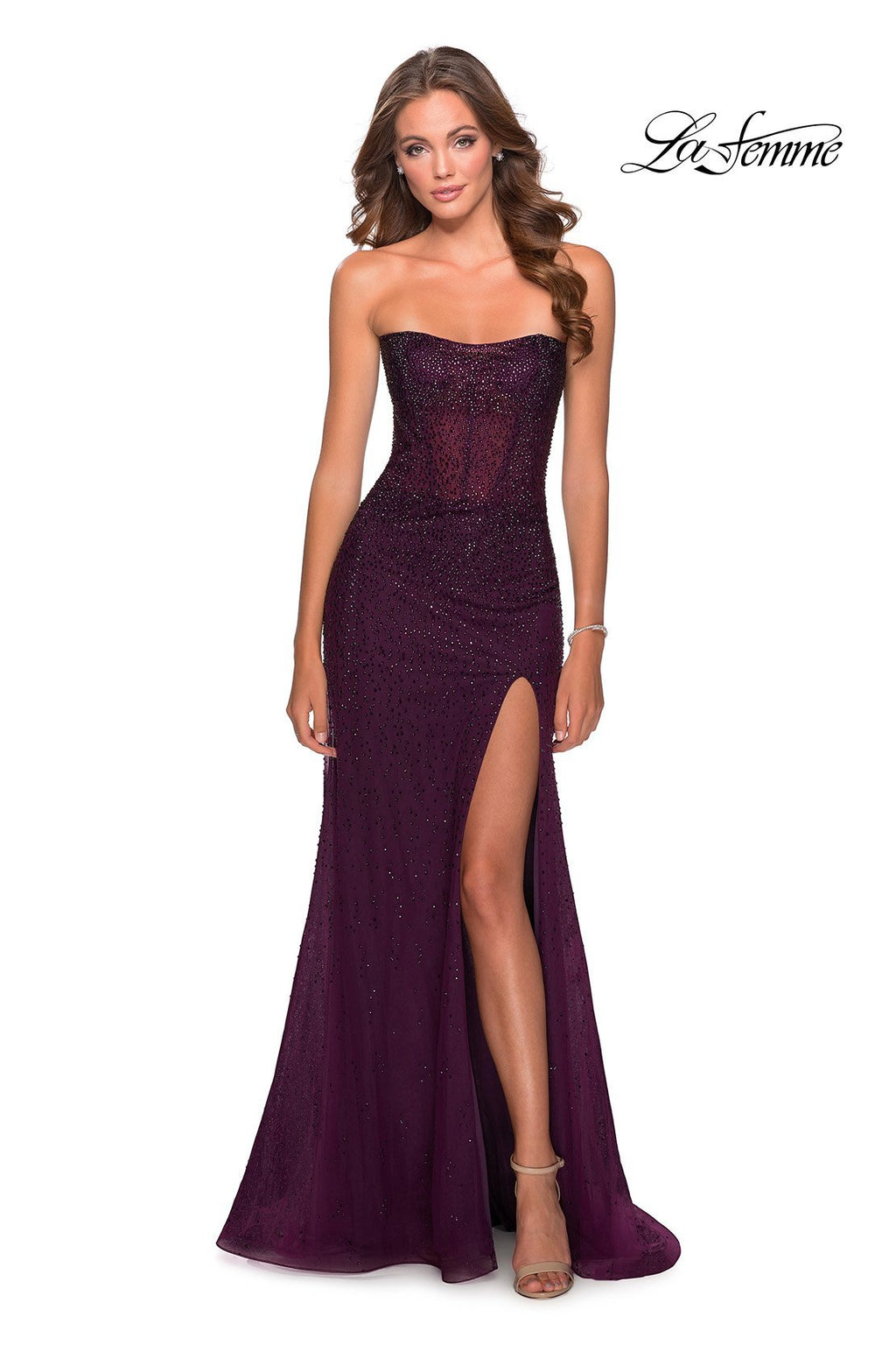 La Femme 28621 dress images in these colors: Dark Berry, Emerald, Navy.
