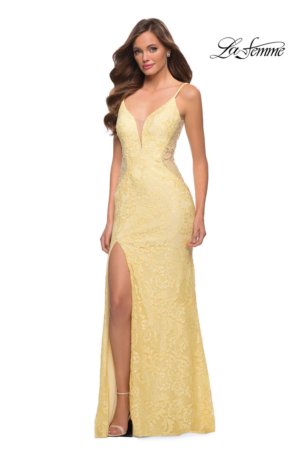 La Femme 29679 dress images in these colors: Dark Berry, Navy, Pale Yellow.