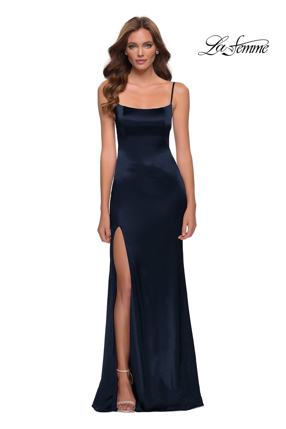 La Femme 29945 dress images in these colors: Burgundy, Navy, White.