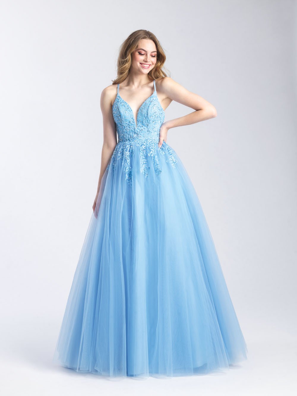 Madison James 20-344 dress images in these colors: Light Blue, Peach, Ivory.