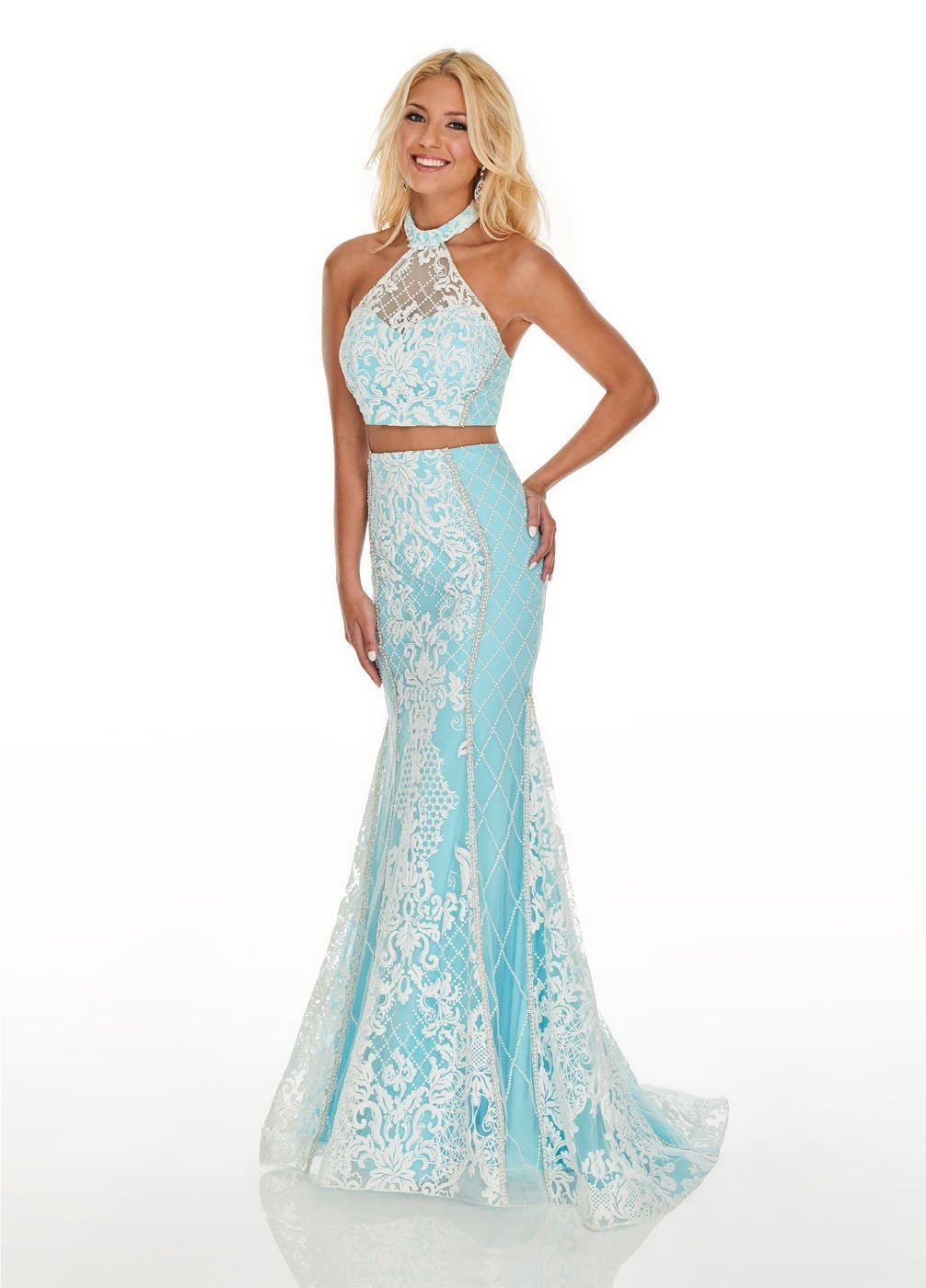 Rachel Allan 7003 dress images in these colors: White Aqua, White Coral, White Nude.