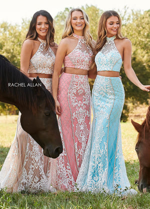 Rachel Allan 7003 dress images in these colors: White Aqua, White Coral, White Nude.