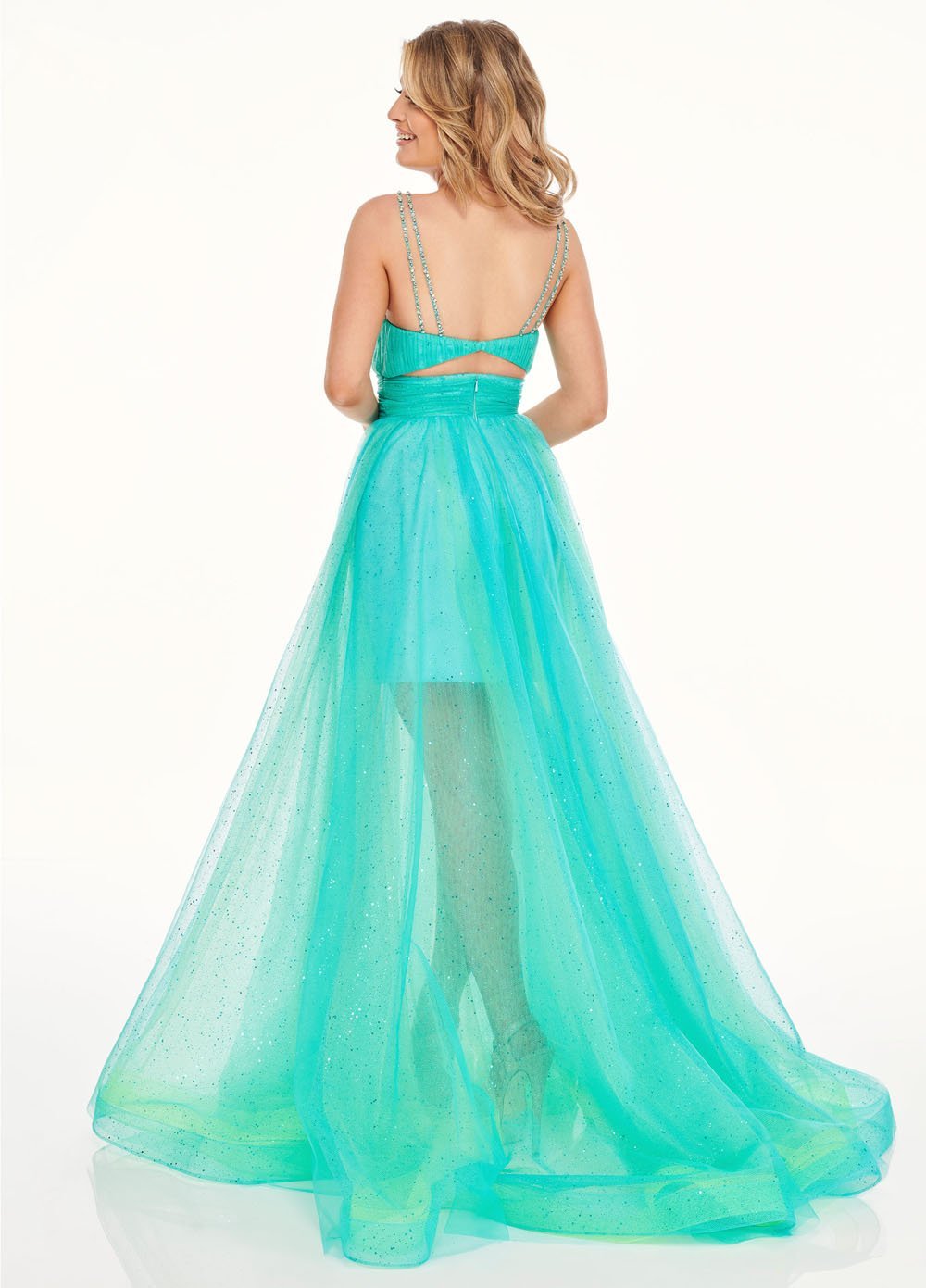 Rachel Allan 70063 dress images in these colors: Coral Iridescent, Turquoise Iridescent.