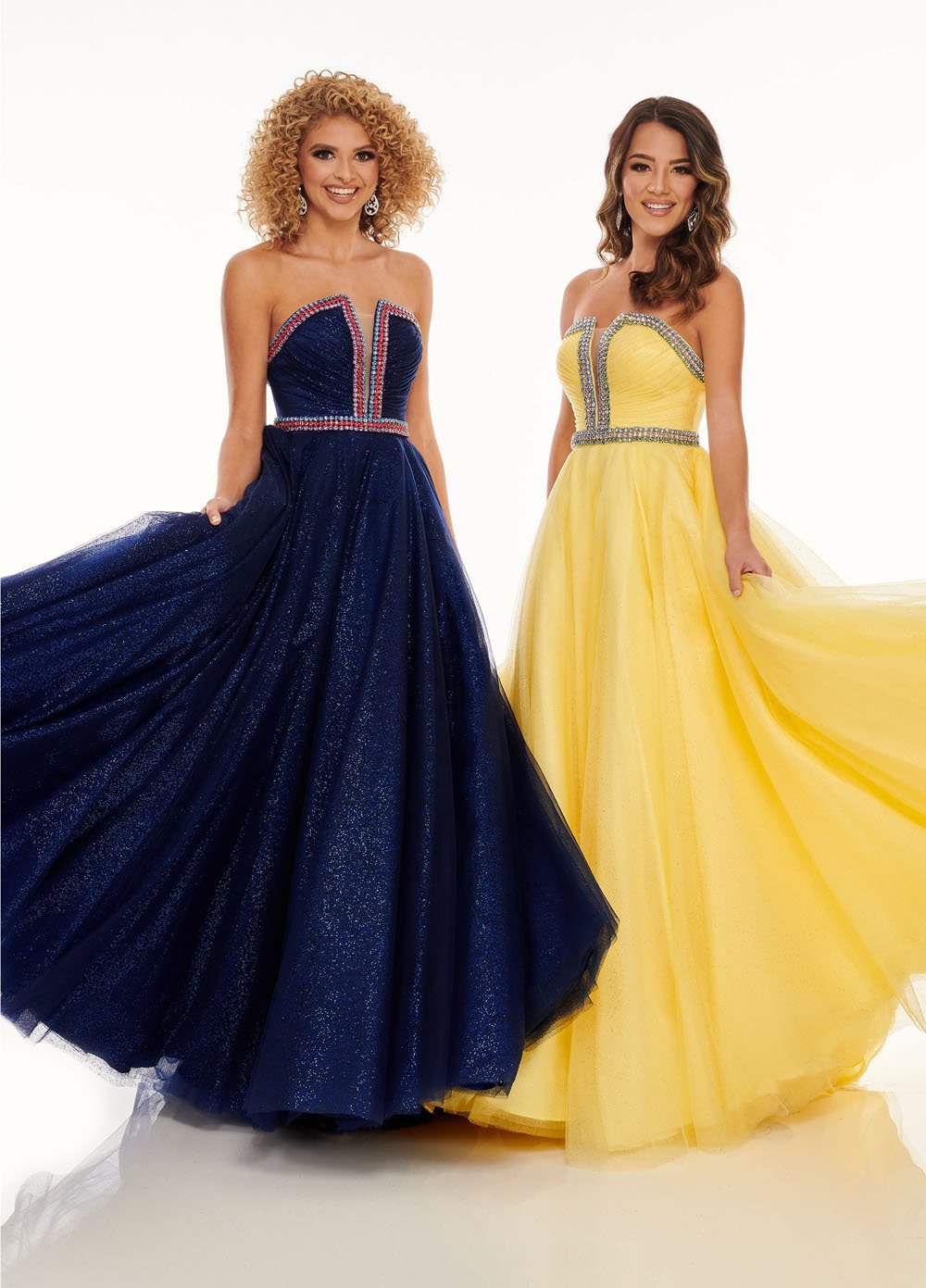 Rachel Allan 70084 dress images in these colors: Navy Multi, Yellow Multi.