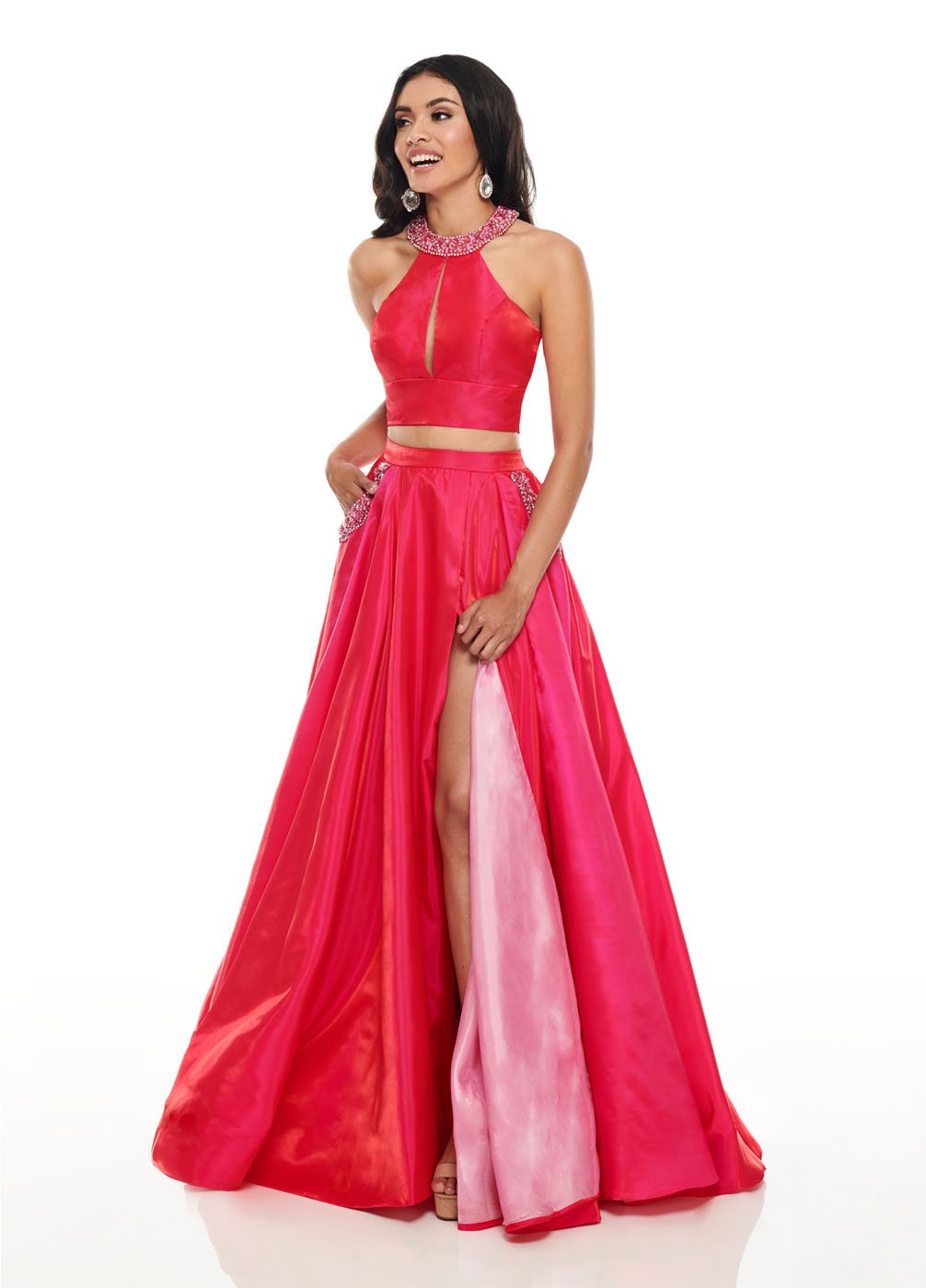 Rachel Allan 7009 dress images in these colors: Fuchsia Pink, Purple Pink, Royal Light Blue.