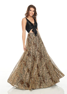 Rachel Allan 7031 dress images in these colors: Black Gold, Gold.