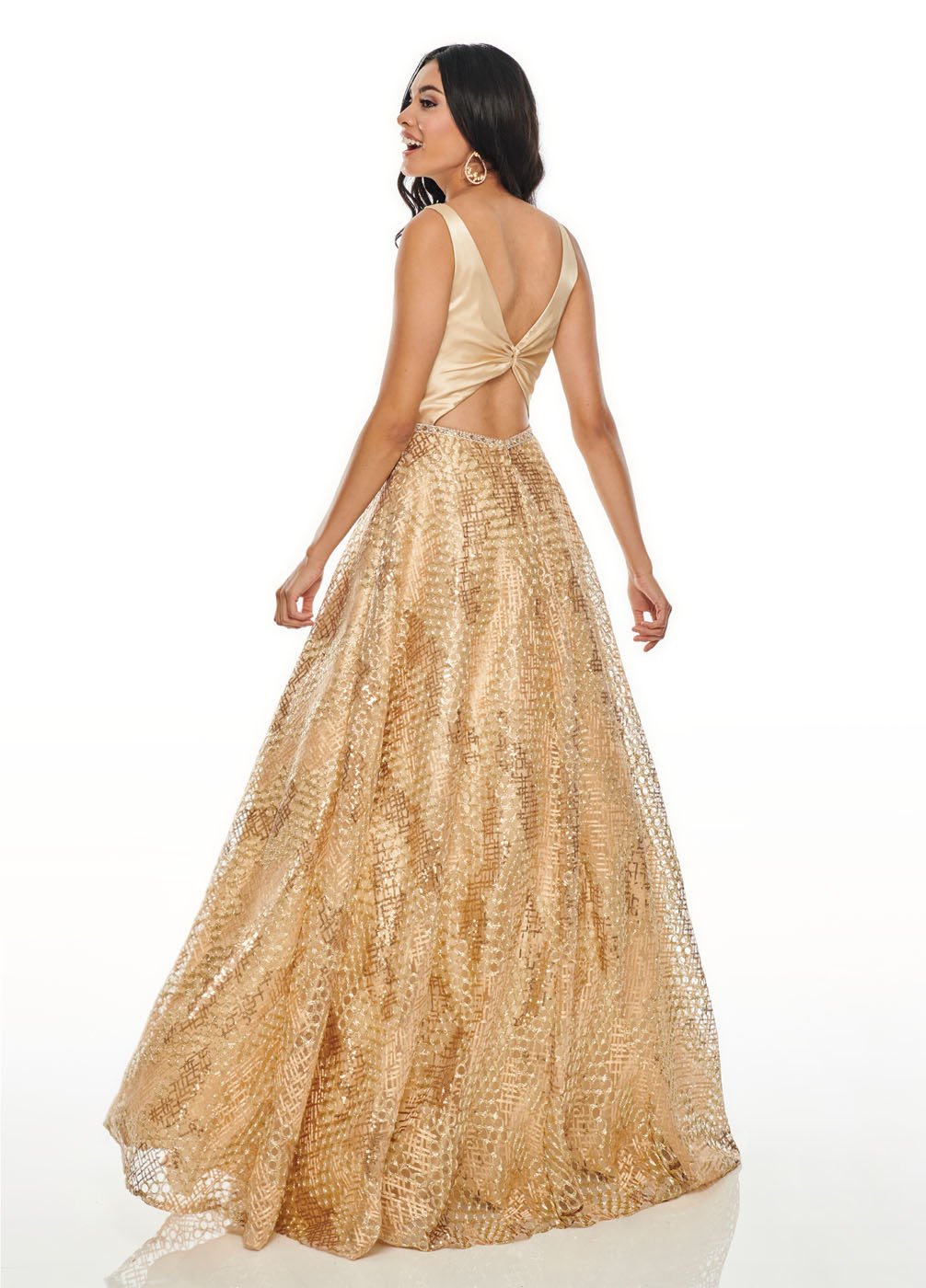 Rachel Allan 7031 dress images in these colors: Black Gold, Gold.