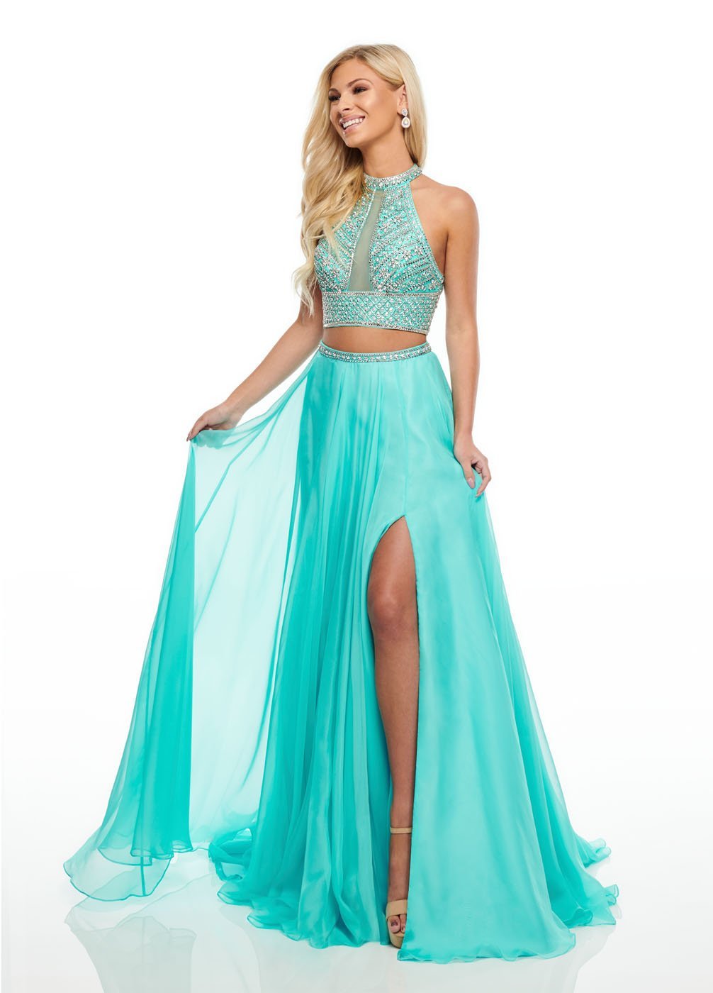 Rachel Allan 7034 dress images in these colors: Aqua, Fuchsia, Yellow.