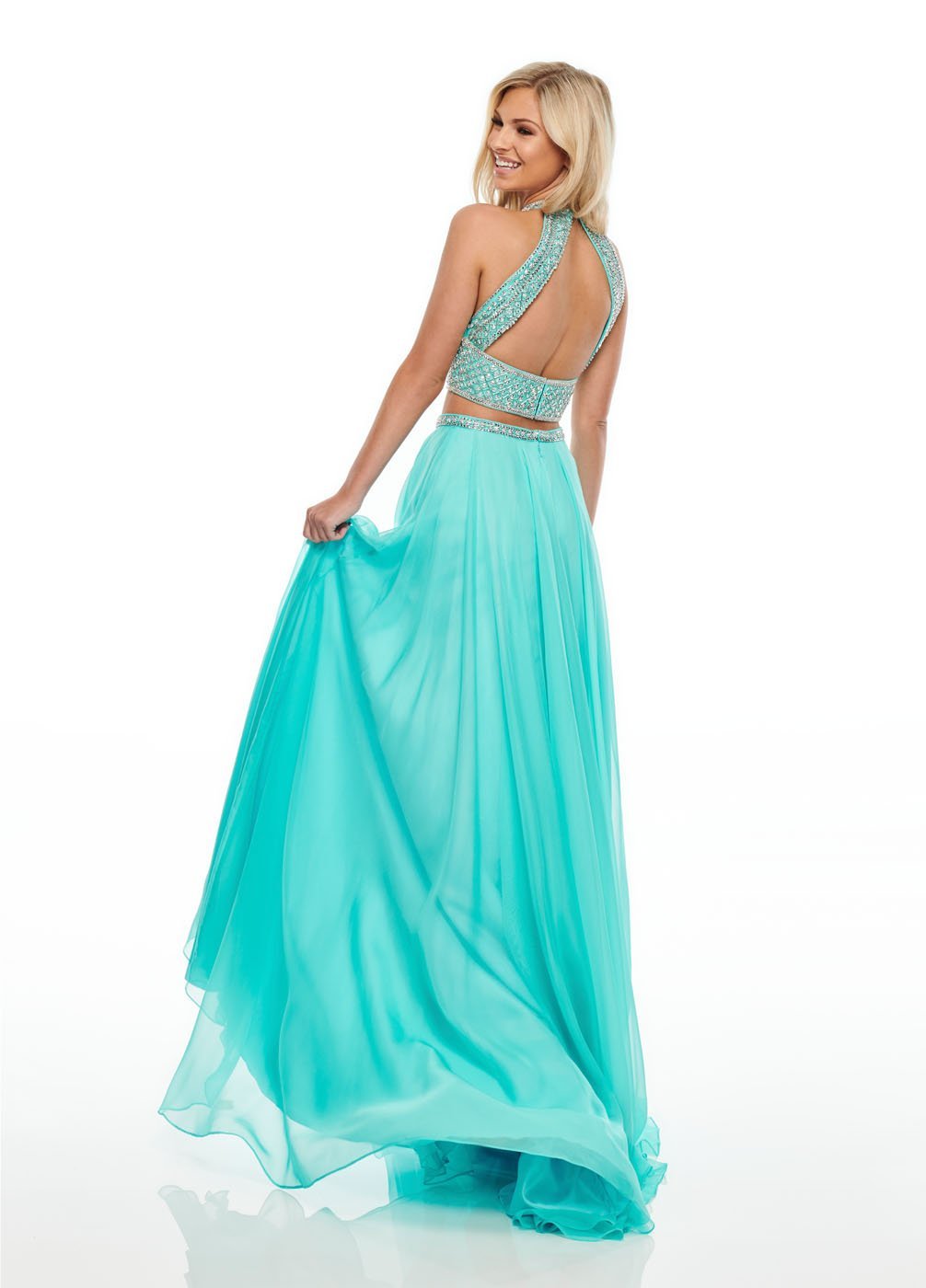 Rachel Allan 7034 dress images in these colors: Aqua, Fuchsia, Yellow.